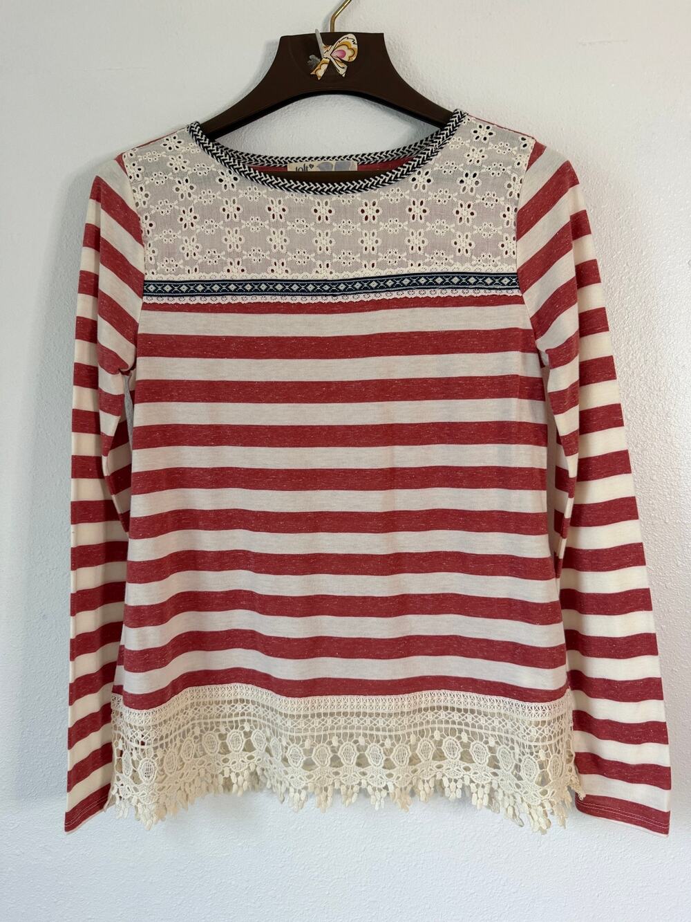Jolt Red White Blue Striped Crochet Trim Cottagecore Peasant Top Size Small